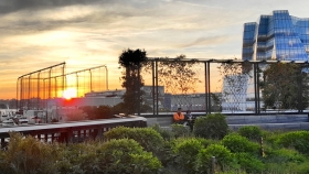 Sunset From High Line Looking West Thru The Vegetal Wall To Chelsea Piers, IAC Building & Hudson River